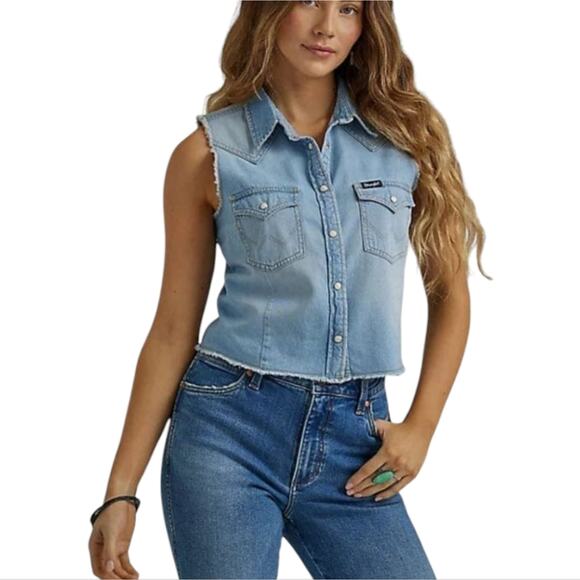 Wrangler Light Wash Cotton Denim‎  Sleeveless Cropped Top Plus Size 3X - Picture 7 of 12